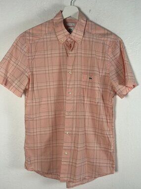 Lacoste Mens Pink Plaid Short Sleeve Modern Fit Button-Down Shirt Size 40 Casual